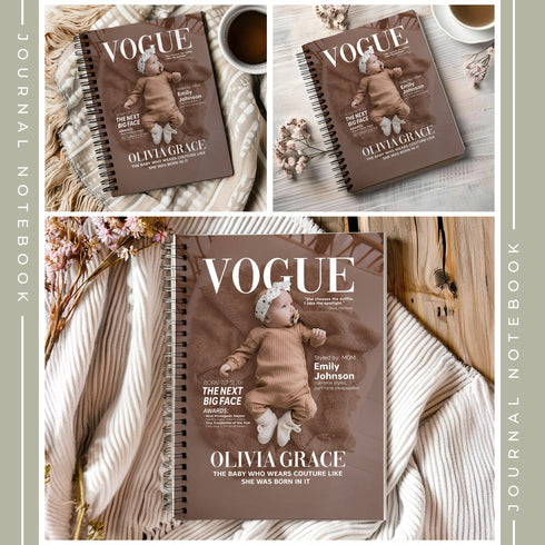 Personalized Baby Vogue Magazine Cover Notebook – Custom Name & Photo, Stylish Mom Gift